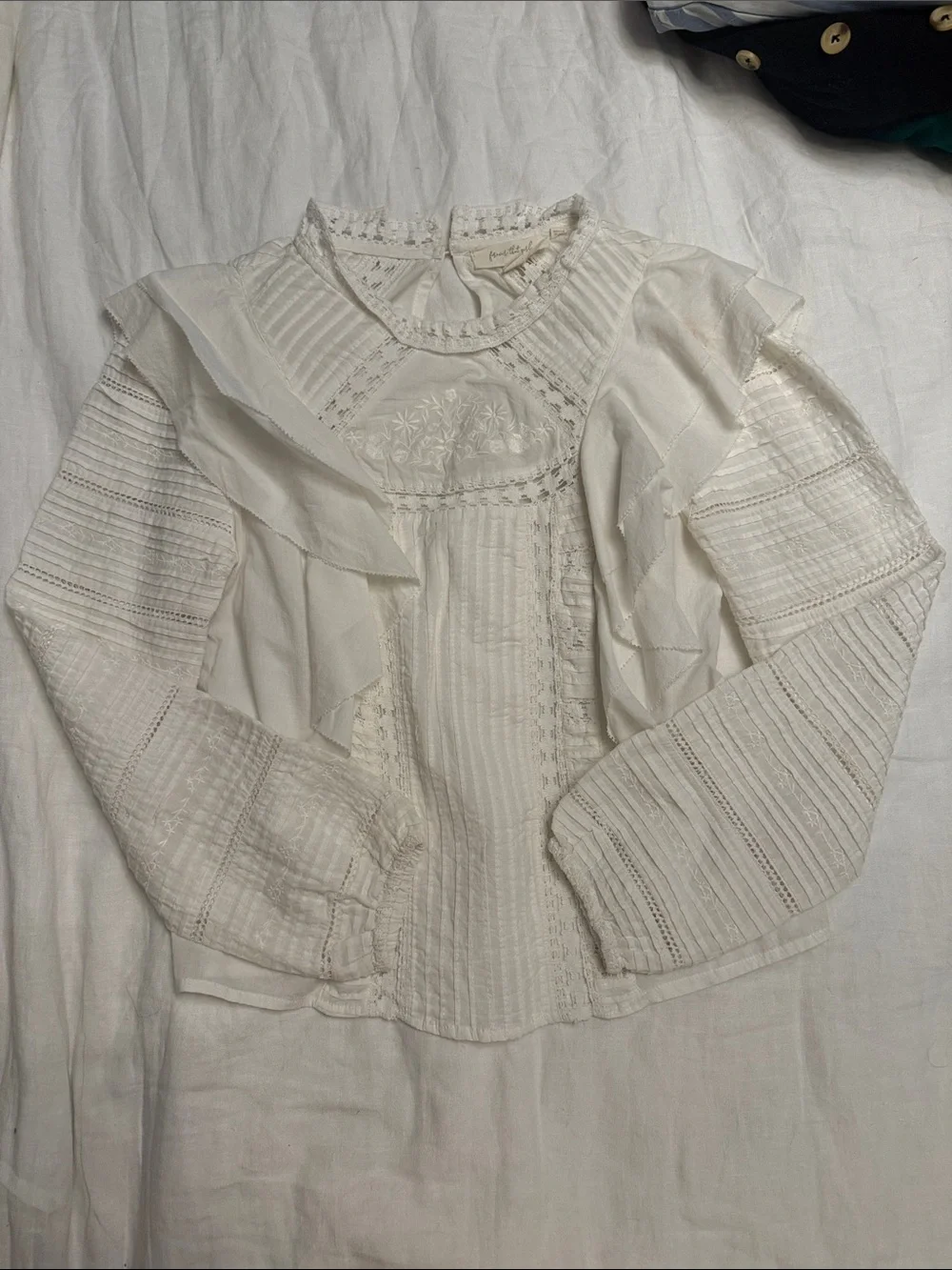 Anthropologie White Embroidered Ruffle Long Sleeve Blouse